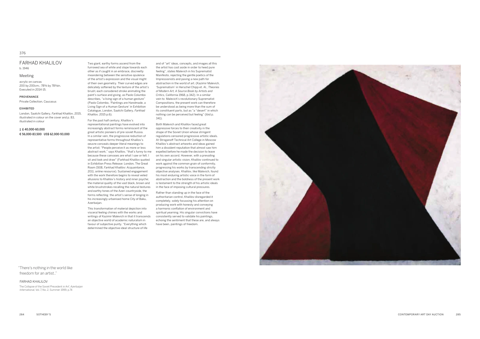 Original Sotheby’s Catalogue Proof spread for Farhad Khalilov’s Meeting, with catalogue note and painting illustration