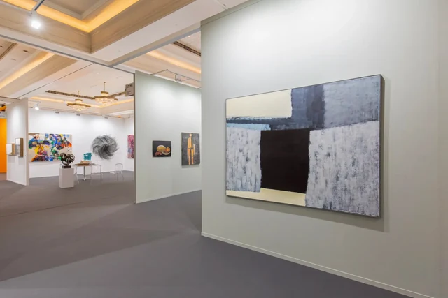 Gazelli Art House's painting presentation at Art Dubai 2024, with a large abstract work by Farhad Khalilov and surrounding exhibition walls.