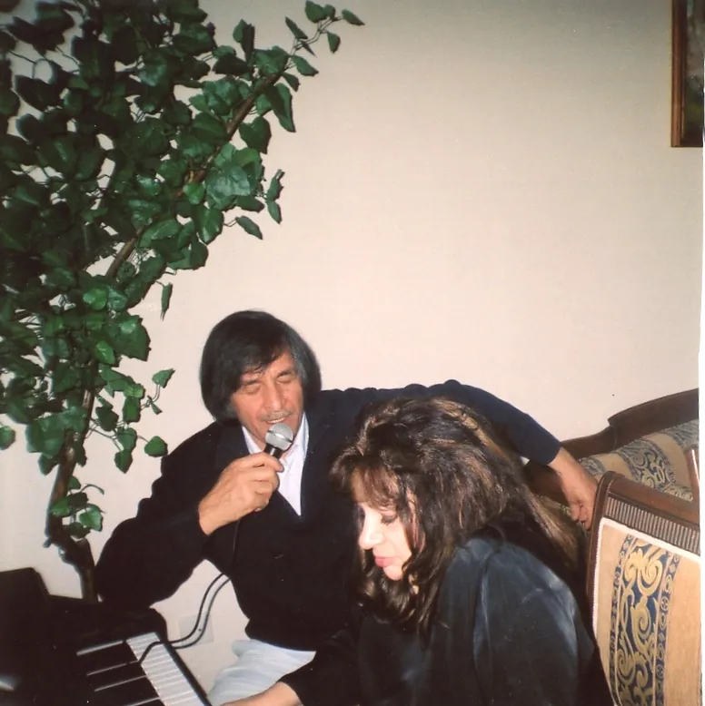 With his wife